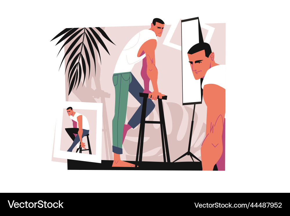 Man model posing in studio lighting setup Man model posing in studio lighting setup vector image