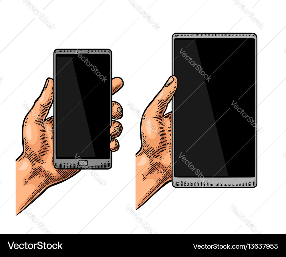 Male hand holding a modern mobile phone vintage Male hand holding a modern mobile phone vintage vector image