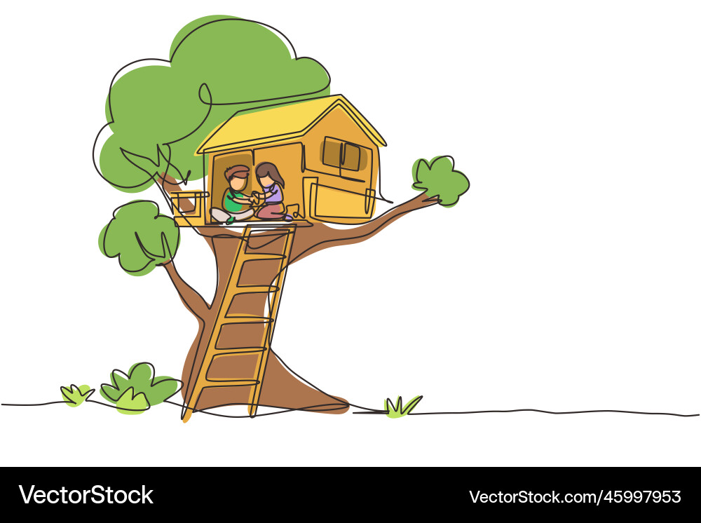 Single continuous line drawing child on tree Vector Image