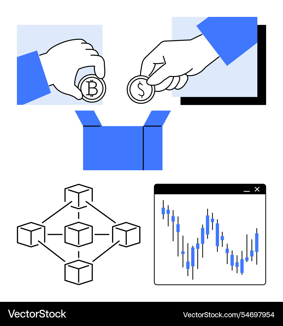 Hands holding bitcoin and dollar coins blockchain Hands holding bitcoin and dollar coins blockchain vector image