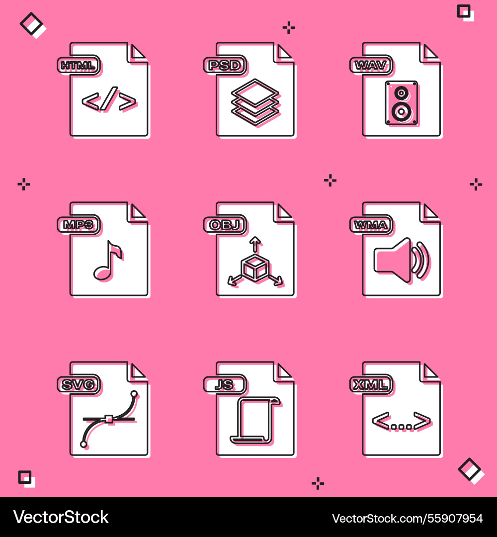 Set html file document psd wav mp3 obj wma svg Vector Image