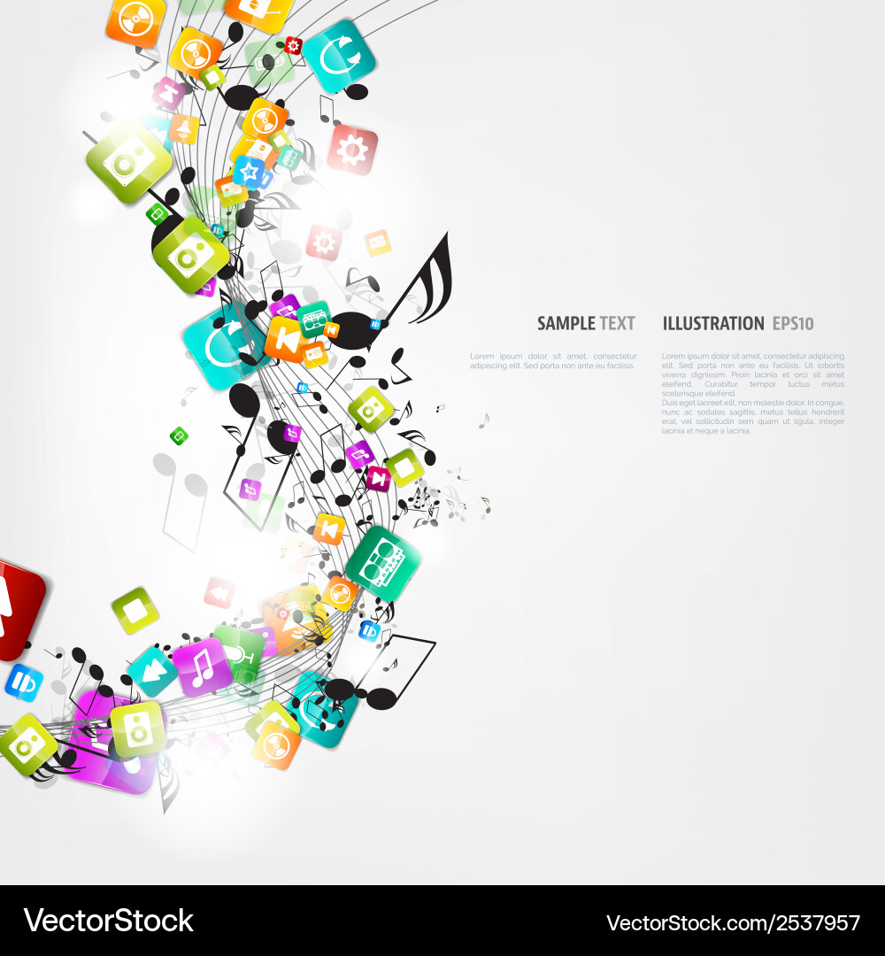 Abstract music background with notes and app icons vector image
