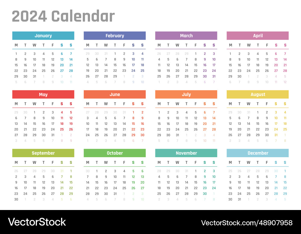 2024 Calendar - Monday Start Vector Image