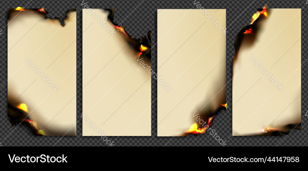 Burn paper with fire isolated burning cards set Burn paper with fire isolated burning cards set vector image