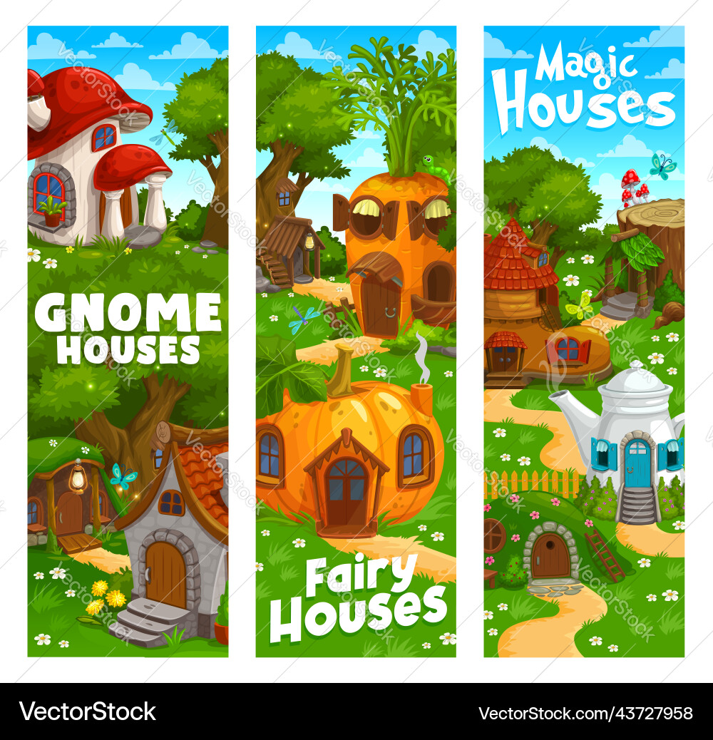 Cartoon Gnome und Elf Häuser oder Wohnungen Banner Cartoon Gnome und Elf Häuser oder Wohnungen Banner vektorbild