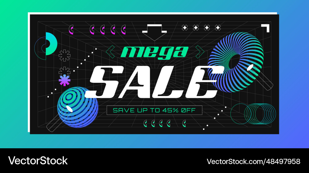 Retrofuturistic sale banner with abstract 3d vector image