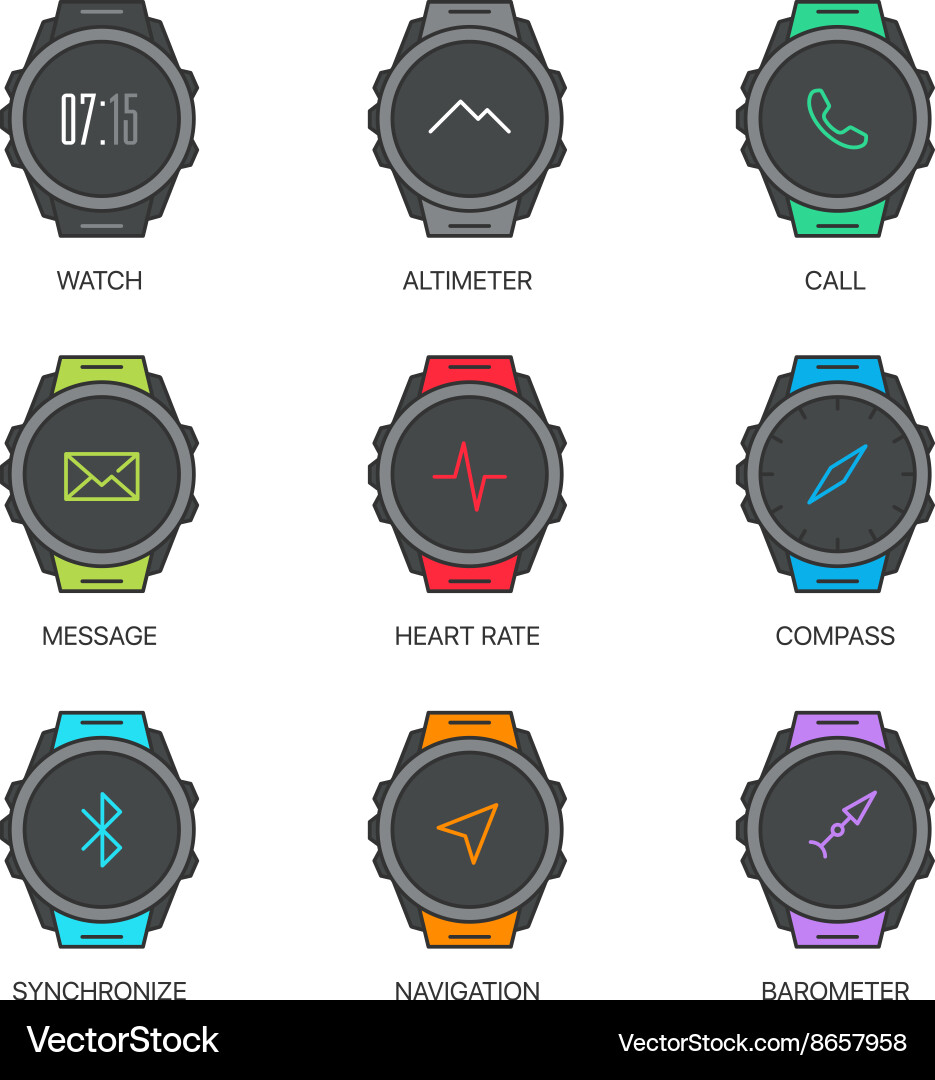 Smart watch functions thin line icons set vector image