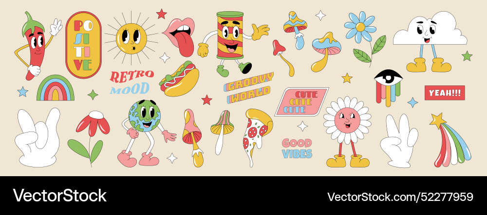 Retro cartoon stickers groovy icons flower funny Retro cartoon stickers groovy icons flower funny vector image