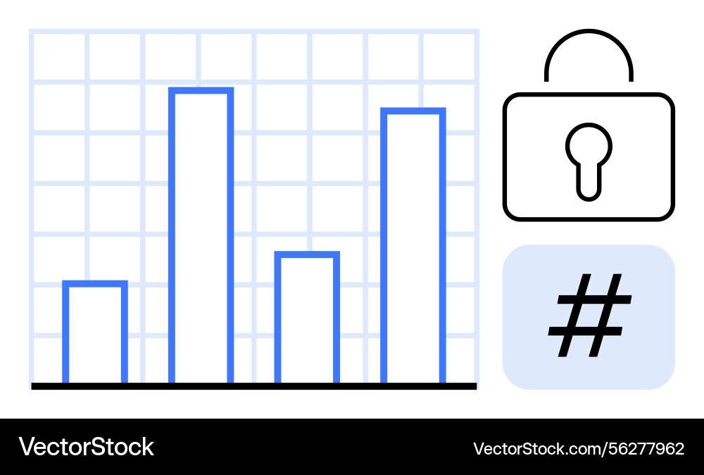 Bar chart with lock and metadata tag representing Bar chart with lock and metadata tag representing vector image