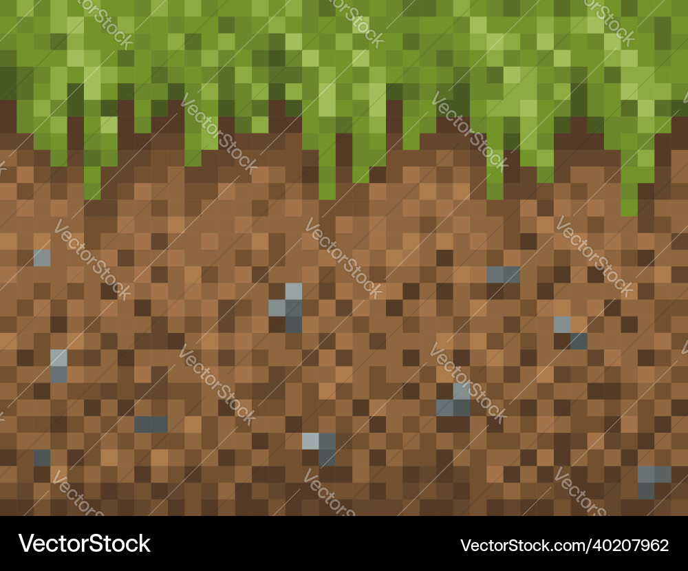 Pixel grass ground and stone blocks pattern Pixel grass ground and stone blocks pattern vector image