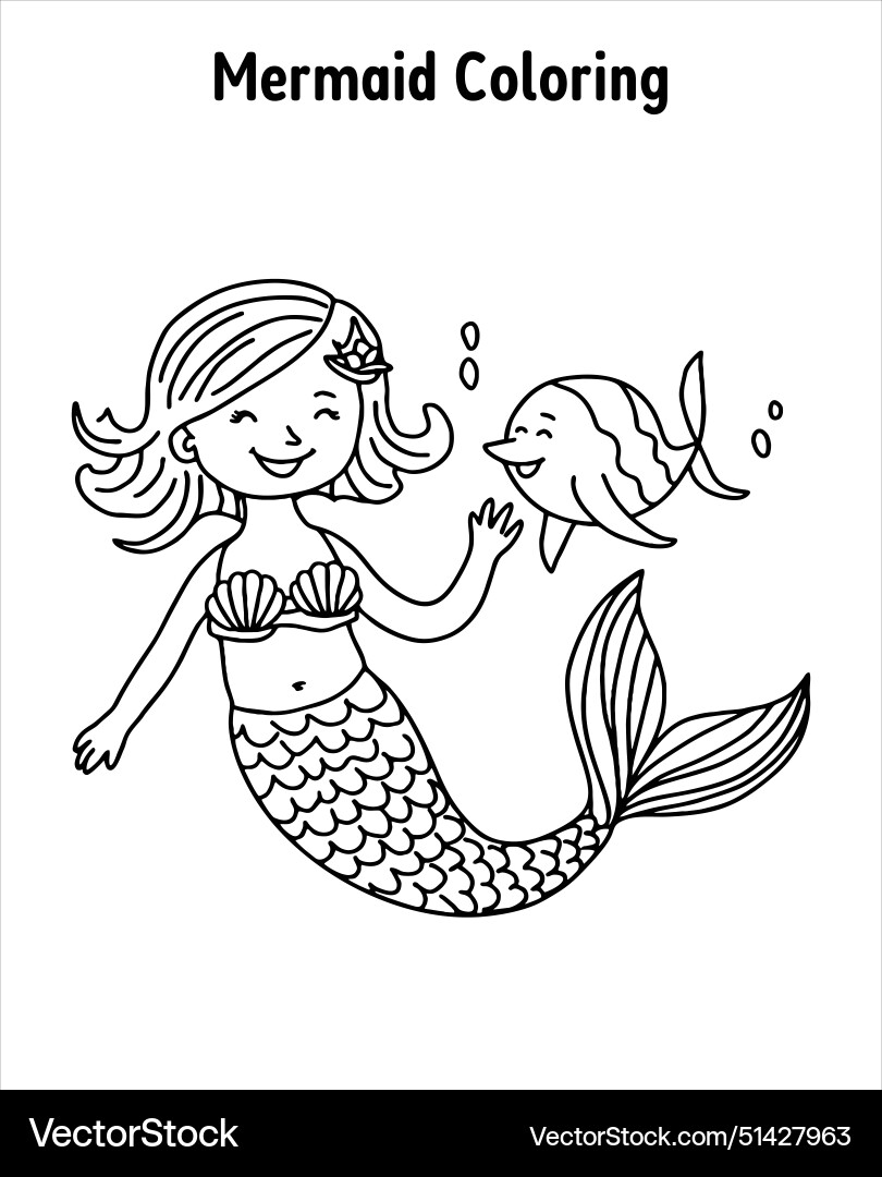 Mermaid playing with fish coloring page Royalty Free Vector