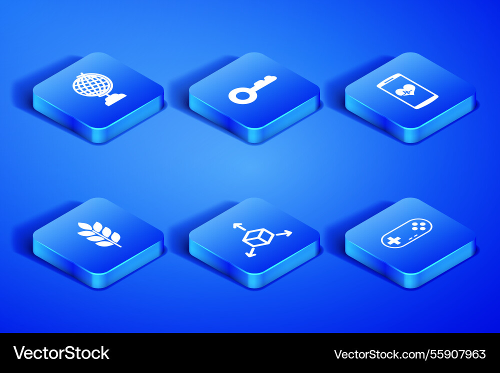 Set gamepad earth globe isometric cube wheat key Set gamepad earth globe isometric cube wheat key vector image