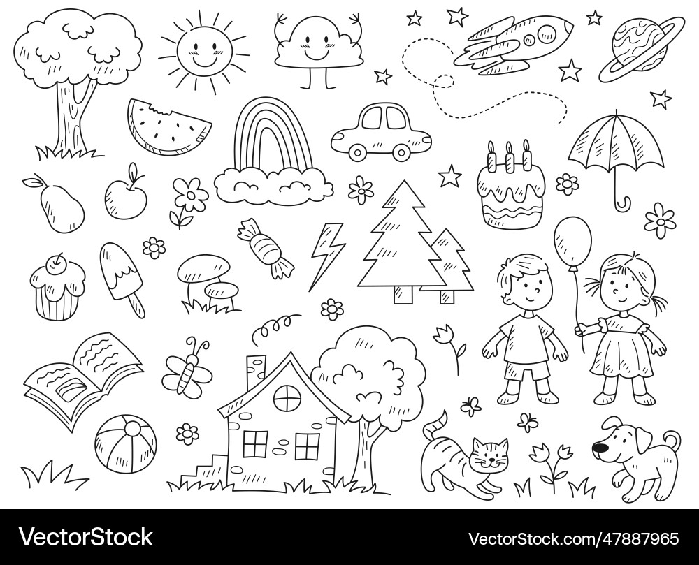 Cute Doodle Kids & Animals Coloring Page Vector Image