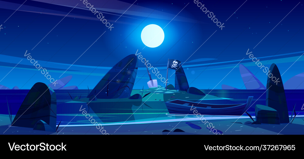 Night landscape sea boat and pirate flag vector image