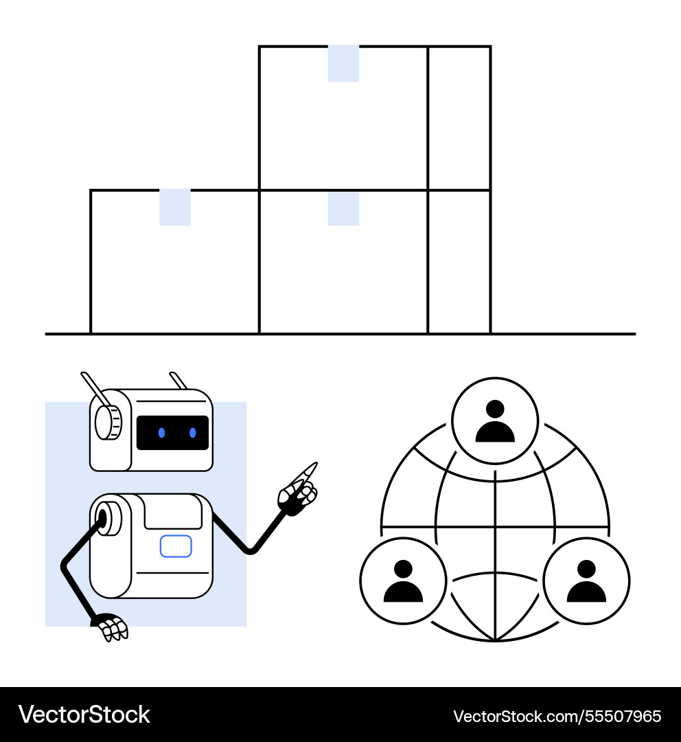 Robot with stacked boxes and network of people Robot with stacked boxes and network of people vector image