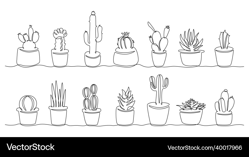Line cactus in pots continuous botanical Line cactus in pots continuous botanical vector image