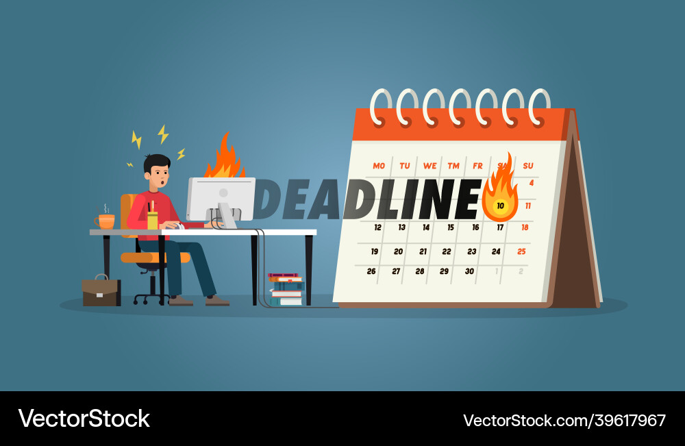 Deadline man at a computer desk on calendar Deadline man at a computer desk on calendar vector image