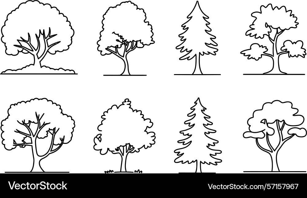 Simple minimalist line art tree set with various vector image