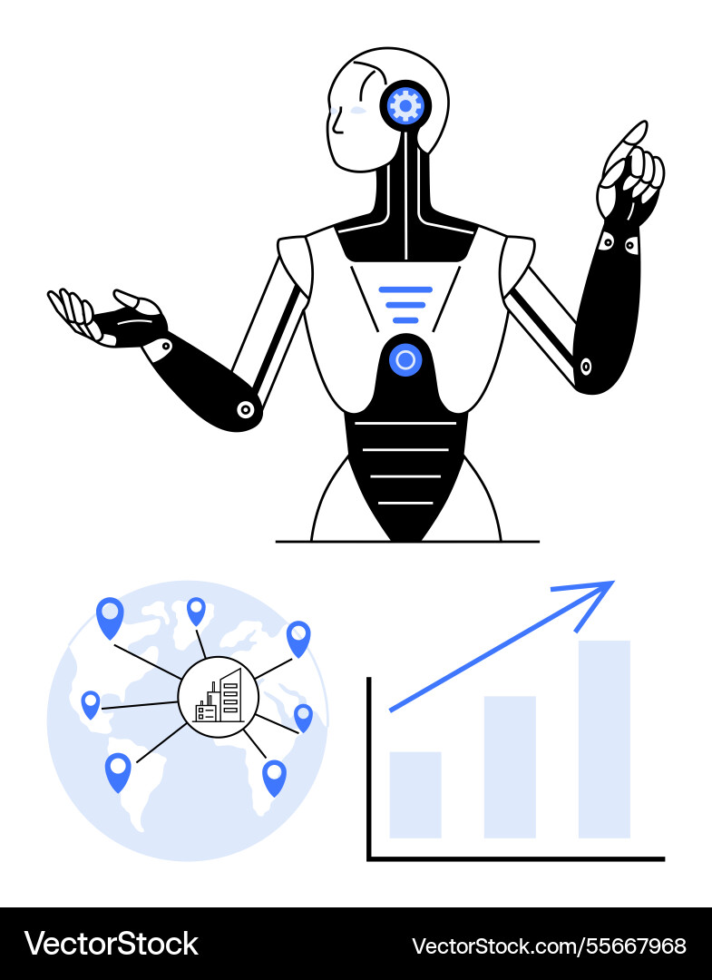 Futuristic robot analyzing data with global Futuristic robot analyzing data with global vector image