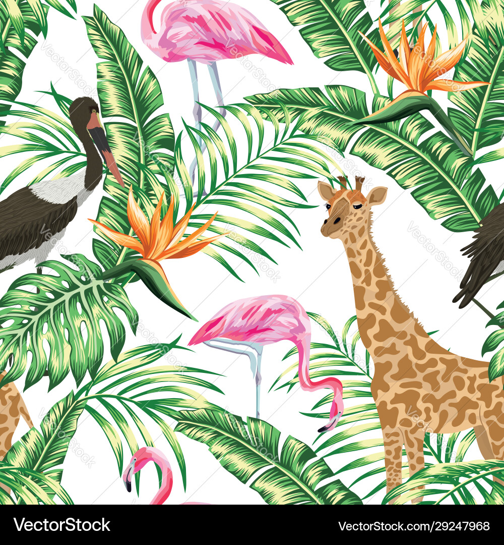 Giraffe stork pink flamingo seamless tropical Giraffe stork pink flamingo seamless tropical vector image