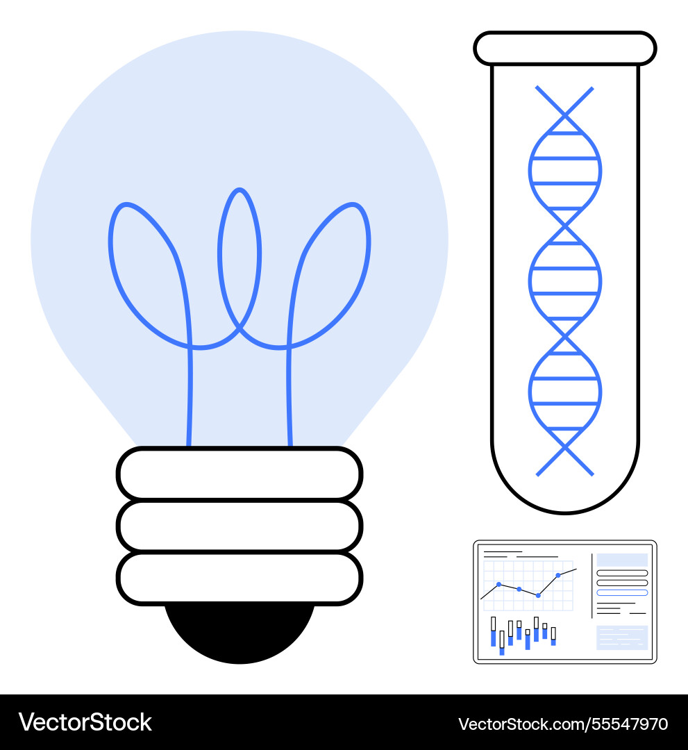 Lightbulb dna in test tube and analytics graph Lightbulb dna in test tube and analytics graph vector image