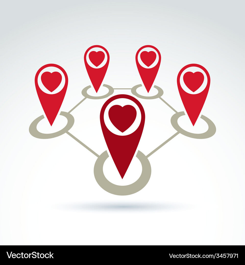 Connected map pointers with a loving heart icon Vector Image