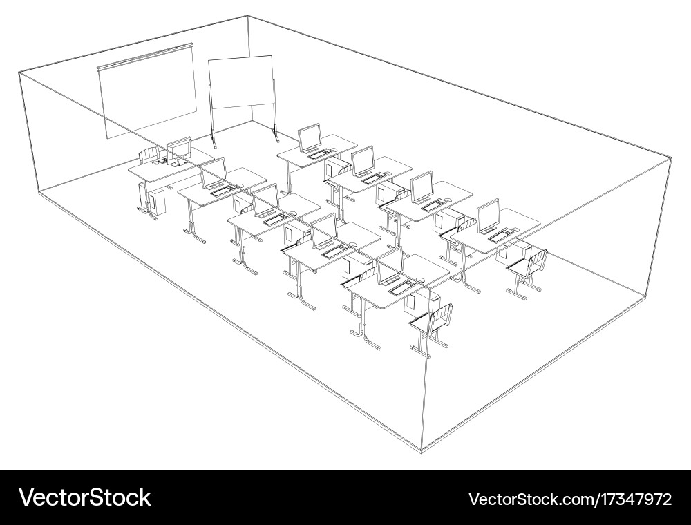 Computerklasse mit Tischen und Computern vektorbild
