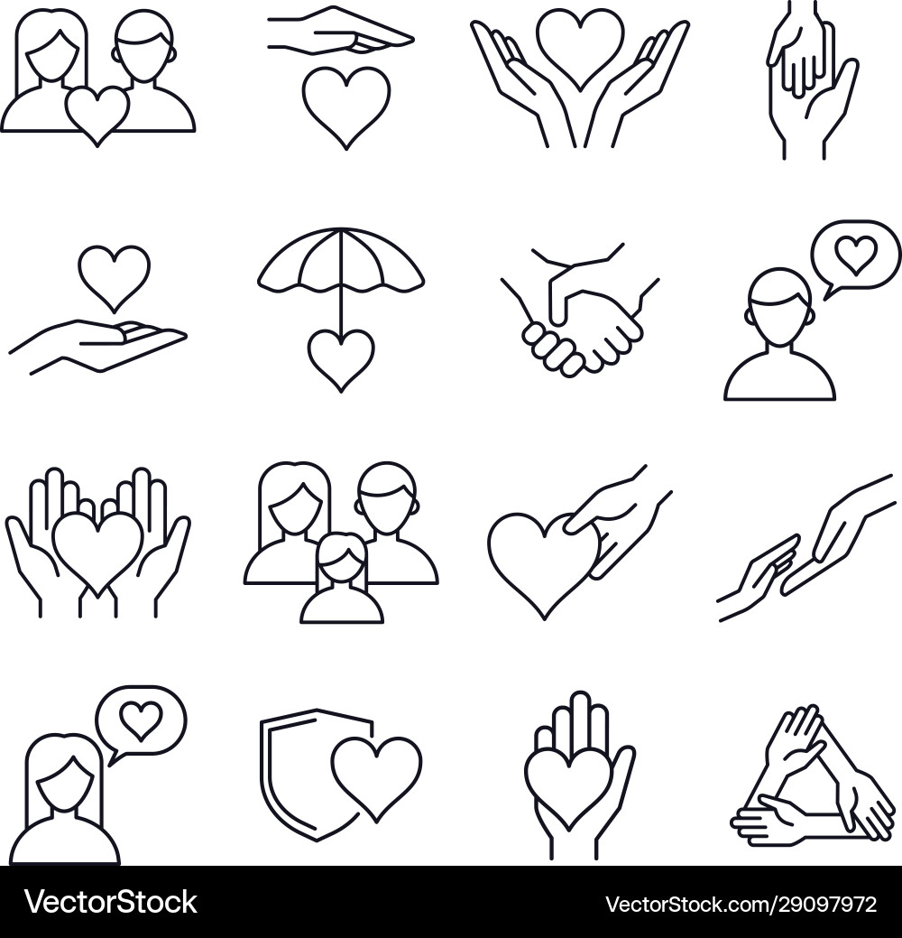 Love and kindness heart line icons friends vector image