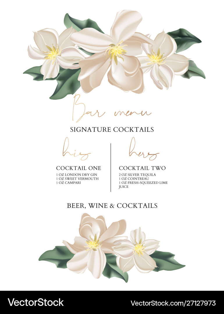 Wedding bar menu template with tender flowers Wedding bar menu template with tender flowers vector image