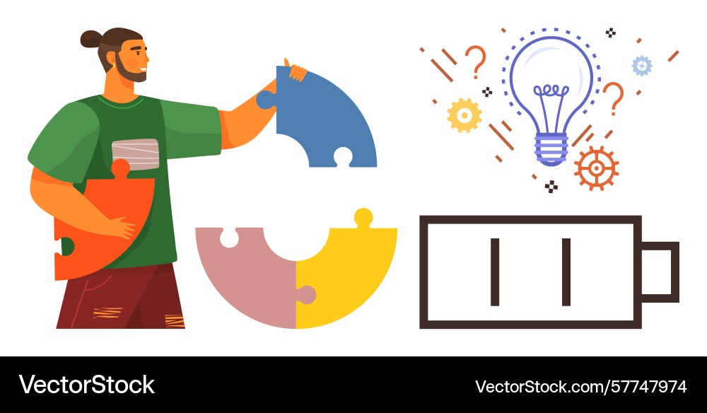 Man assembling puzzle pieces with glowing vector image
