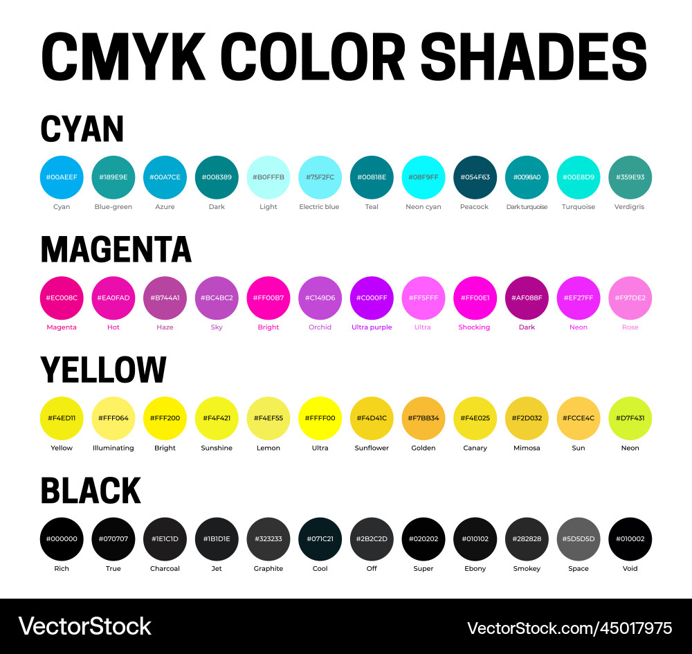Cmyk color shades with hex htlm codes Royalty Free Vector