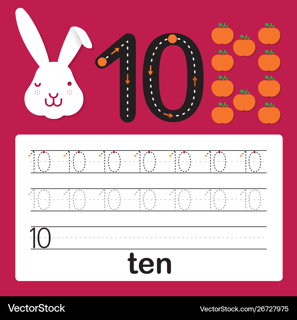 Number ten card for kids learn to count and write Number ten card for kids learn to count and write vector image