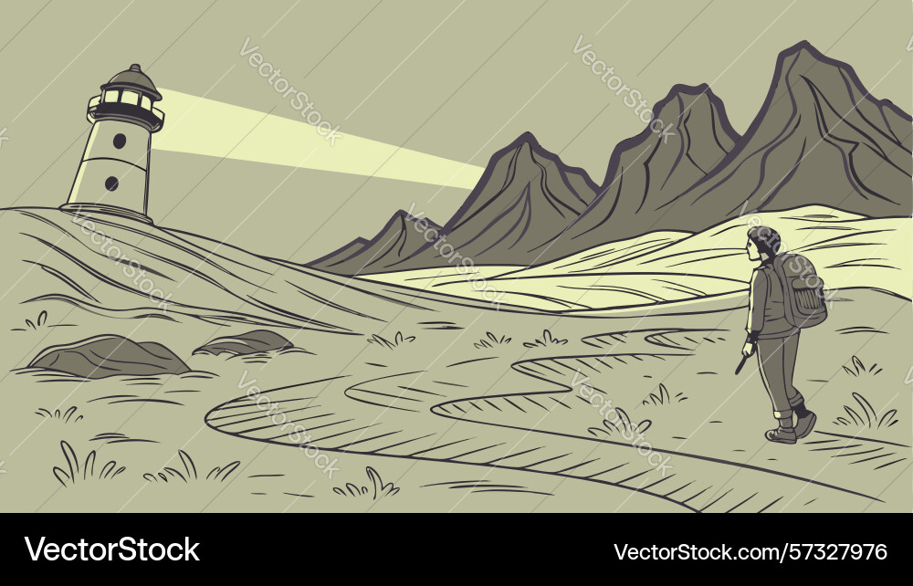 Lighthouse on coastal path with distant figure Vector Image