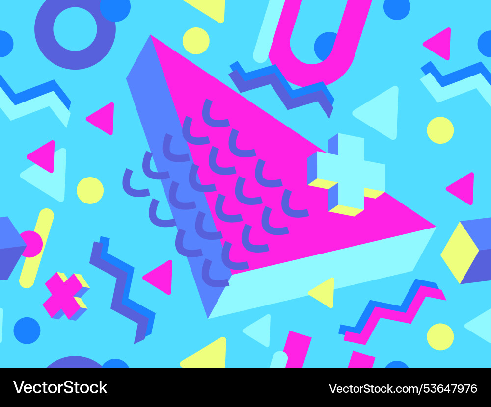 Seamless pattern with 3d geometric shapes in 80s Seamless pattern with 3d geometric shapes in 80s vector image