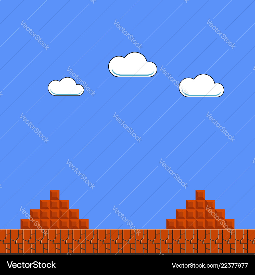 Retro Arcade Background - Clouds & Bricks vector image