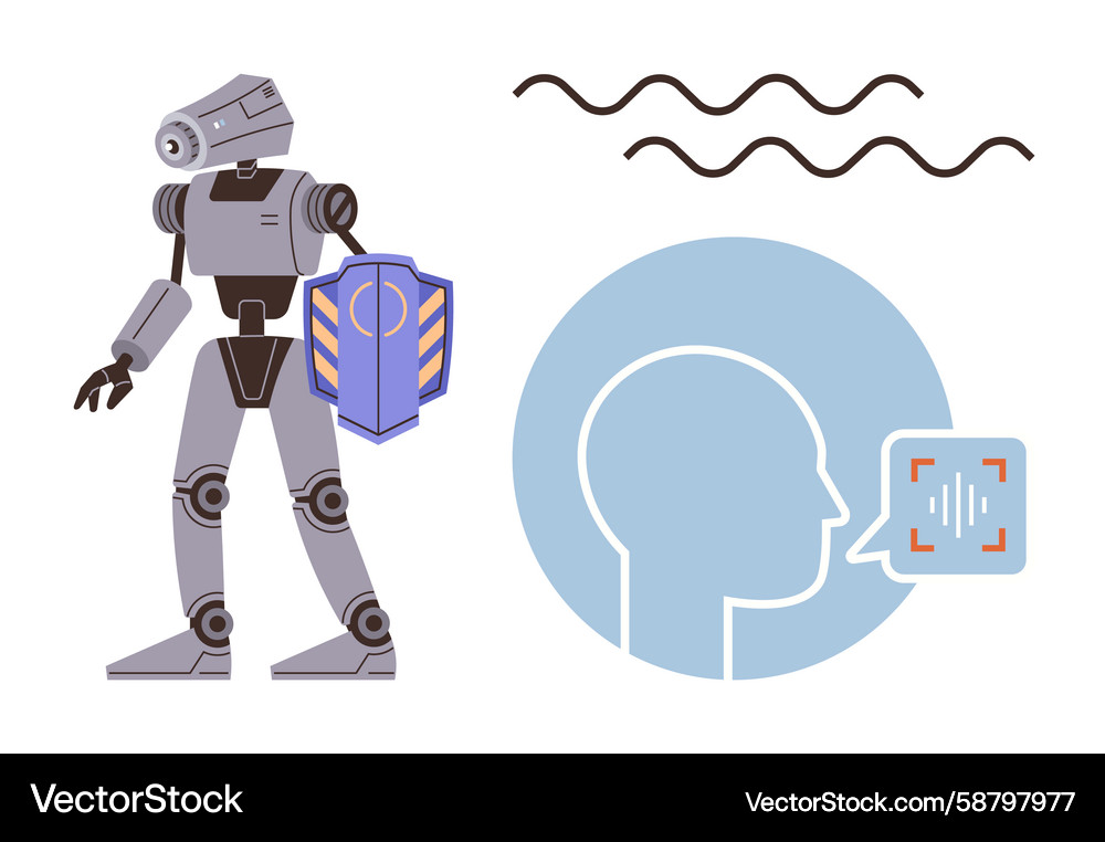 Robot with shield and sound waves symbolizing ai Vector Image