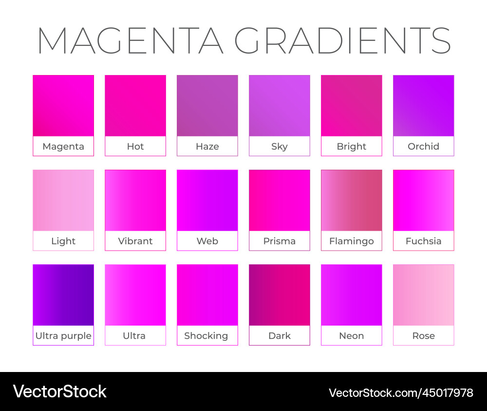 Magenta pink gradient collection with color names Magenta pink gradient collection with color names vector image