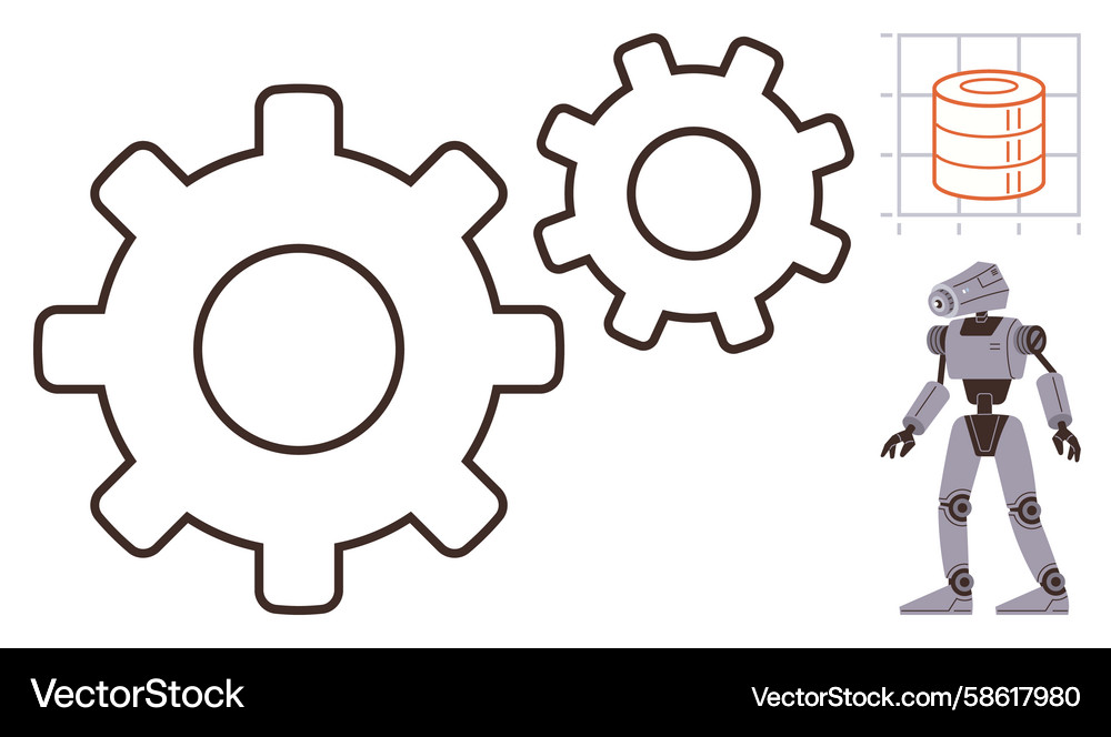Robot standing beside gears and data chart Robot standing beside gears and data chart Vector Image