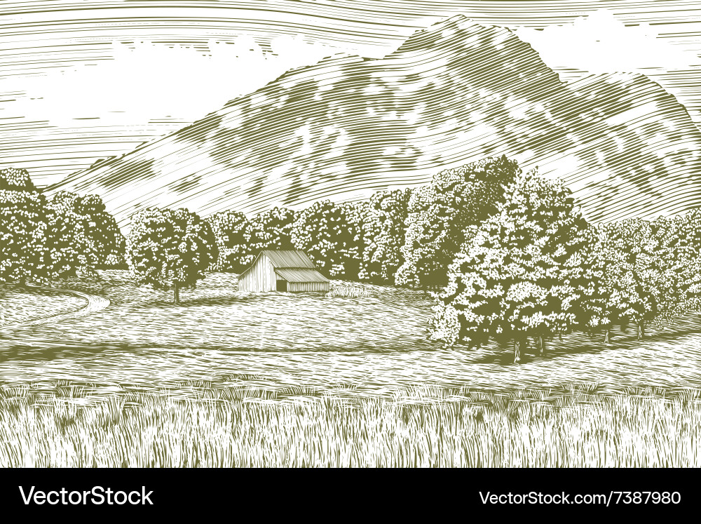 Rustic Mountain Farm Scene Vector Image