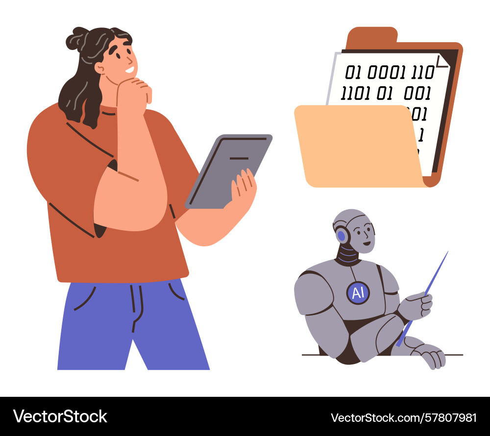 Person reading tablet binary code in folder vector image
