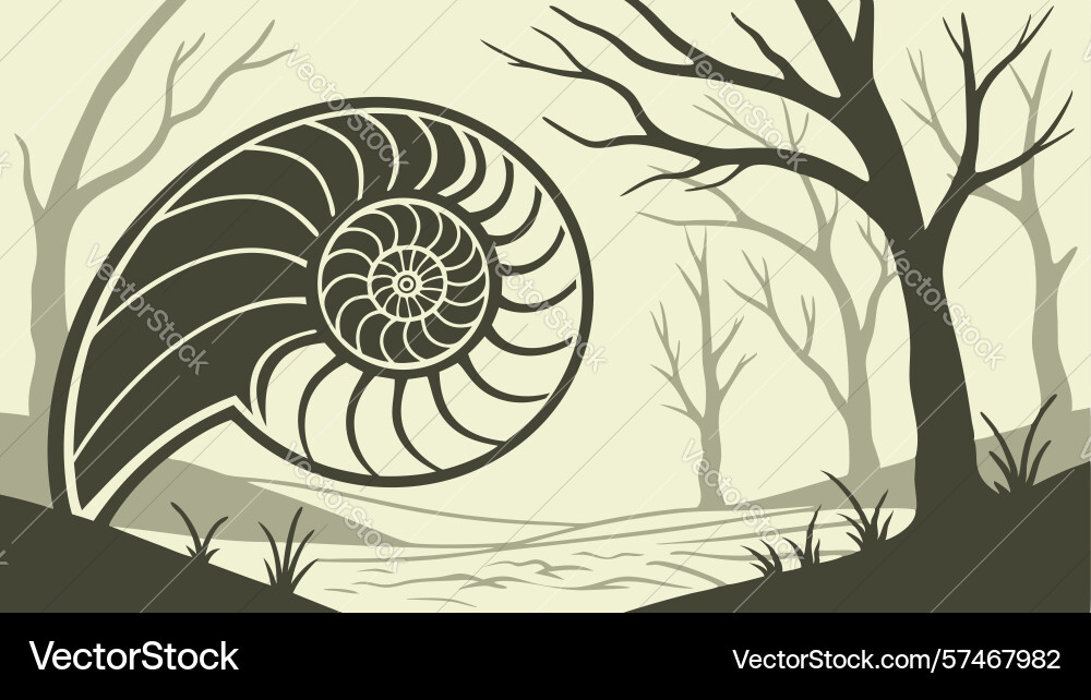 Nautilus shell in a bare tree landscape design vector image