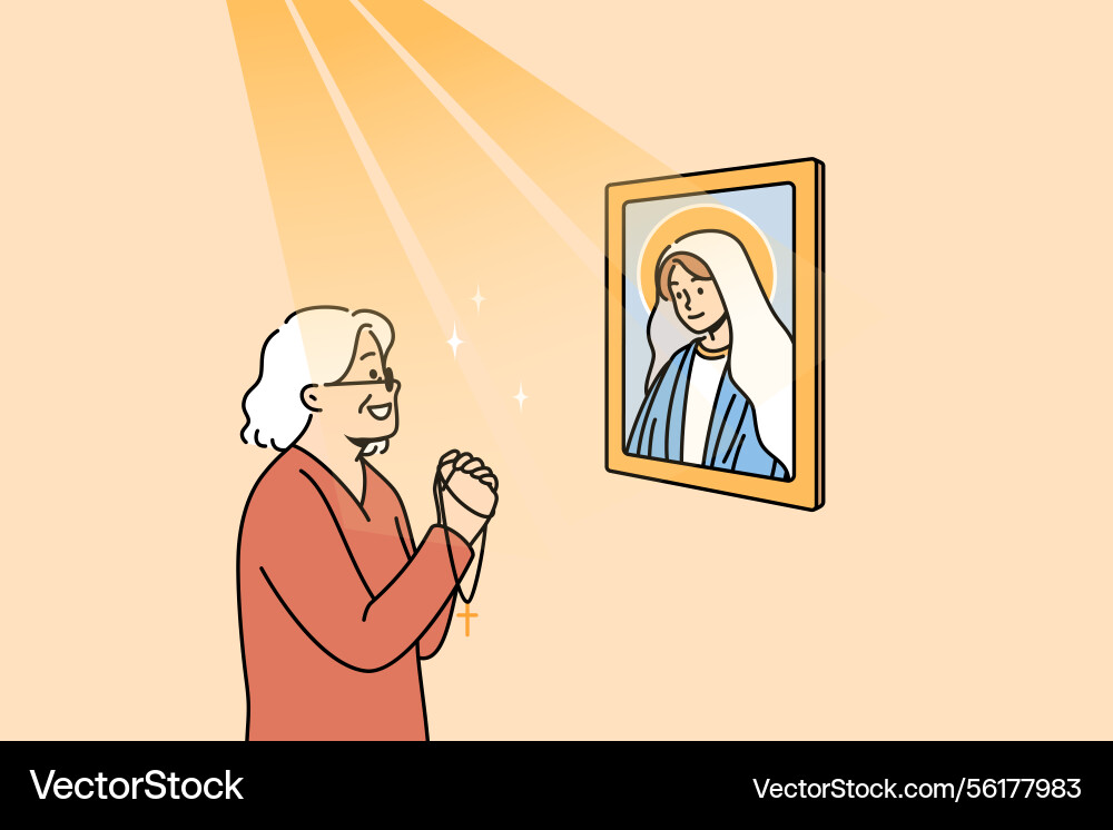 Elderly woman prays to god standing near icon Elderly woman prays to god standing near icon vector image