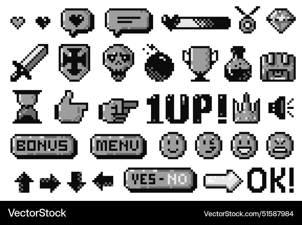 Black pixel game icons 8 bit arcade assets Black pixel game icons 8 bit arcade assets vector image