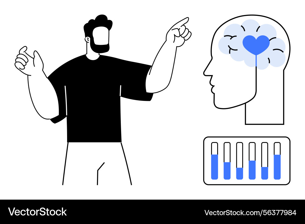 Man gesturing towards a head with brain and heart Man gesturing towards a head with brain and heart vector image