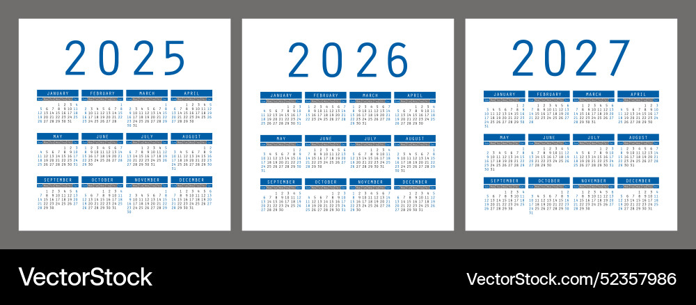 Calendar 2025 2026 and 2027 english blue set Vector Image
