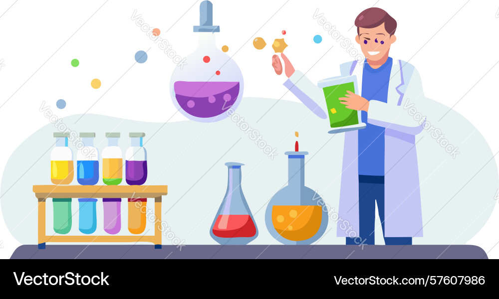 Scientist with various lab beakers and flasks Vector Image