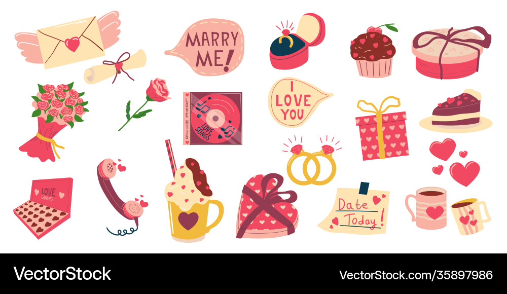Valentines elements cartoon objects Vector Image