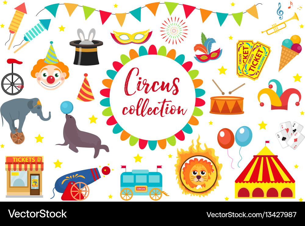 Circus collection flat cartoon style set vector image