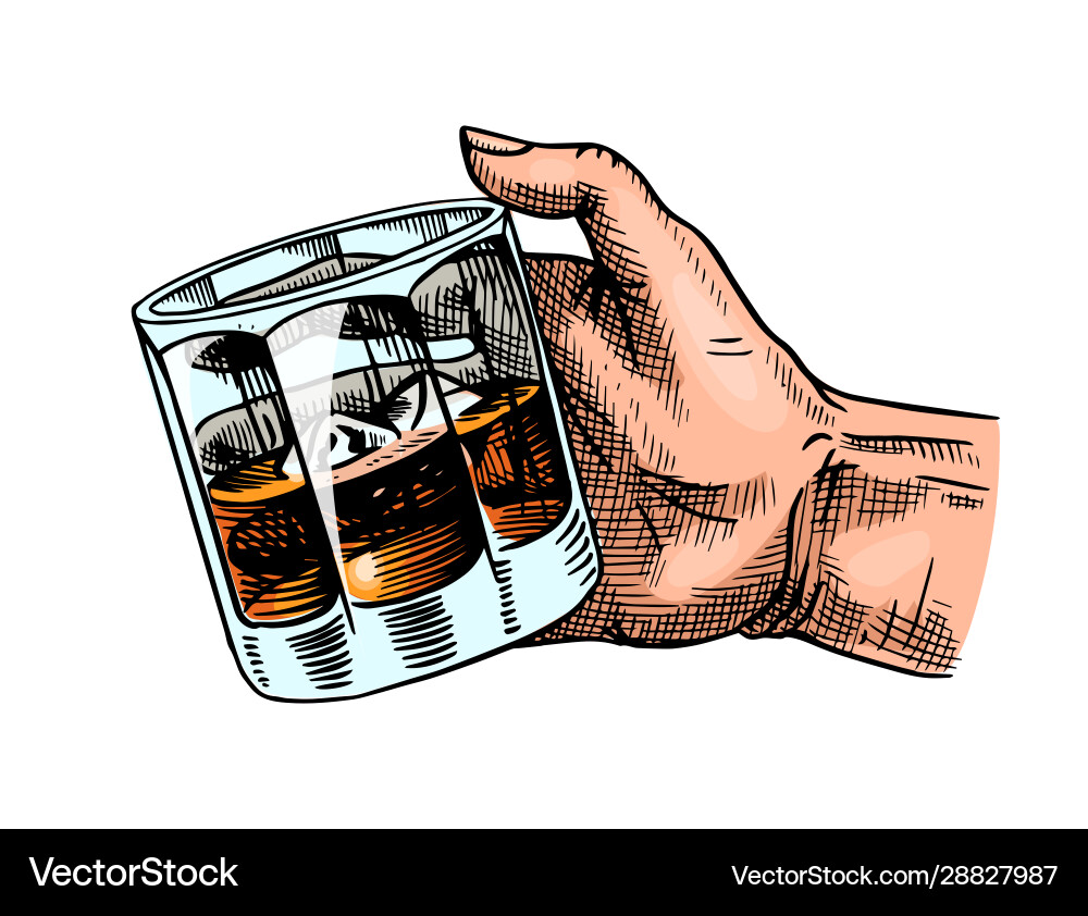Glass whiskey or scotch in hand cheers toast Glass whiskey or scotch in hand cheers toast vector image