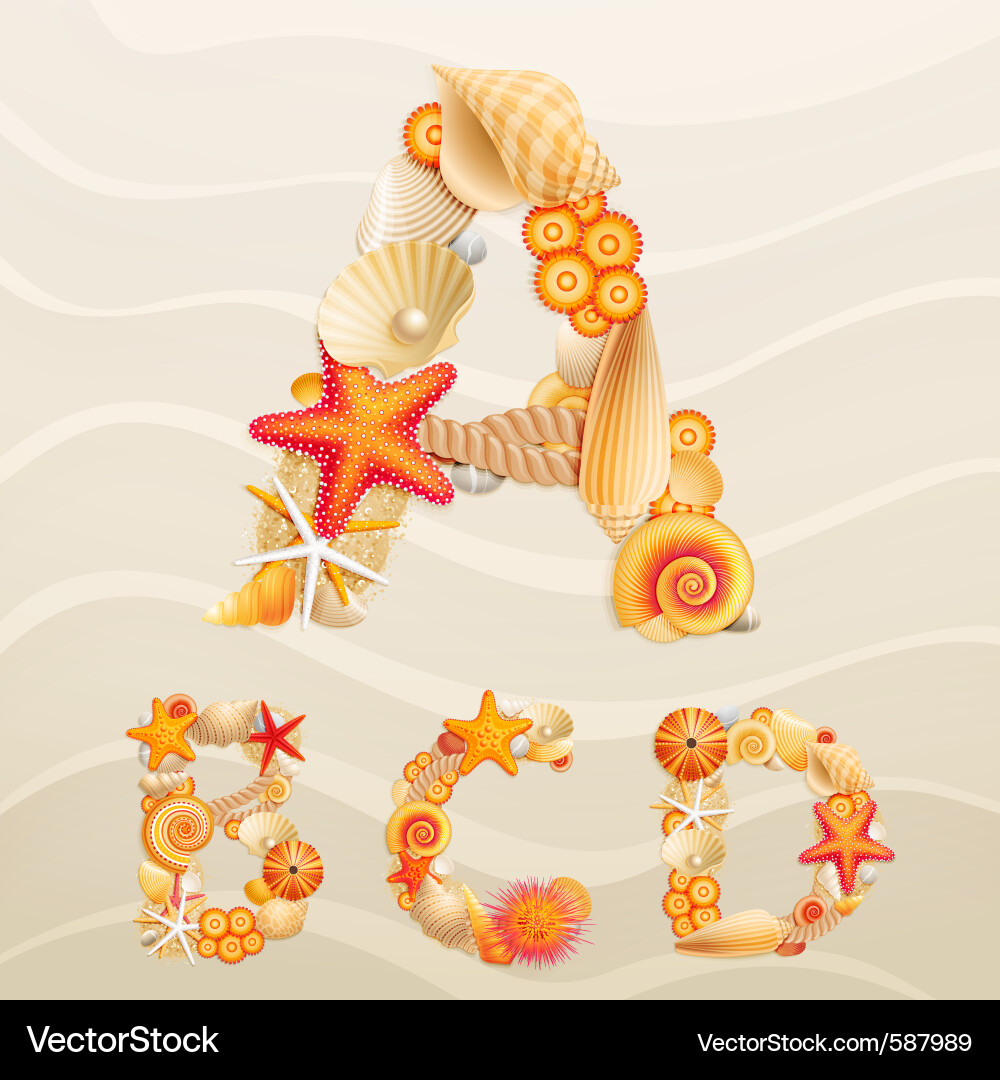Colorful Alphabet Shells on Sand Vector Image